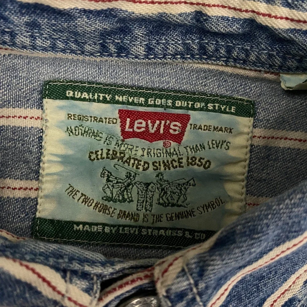 Vintage Levis Denim Shirt Mens Large Blue Selvedge Stripe Print Metal Button Up